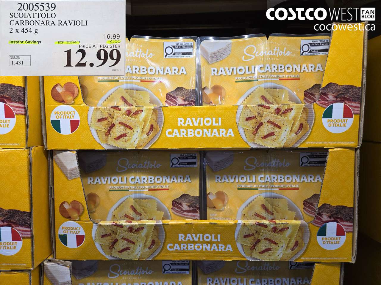 2005539 SCOIATTOLO CARBONARA RAVIOLI 2 X 454 G ($4.00 INSTANT SAVINGS EXPIRES ON 2026-05-17) $12.99