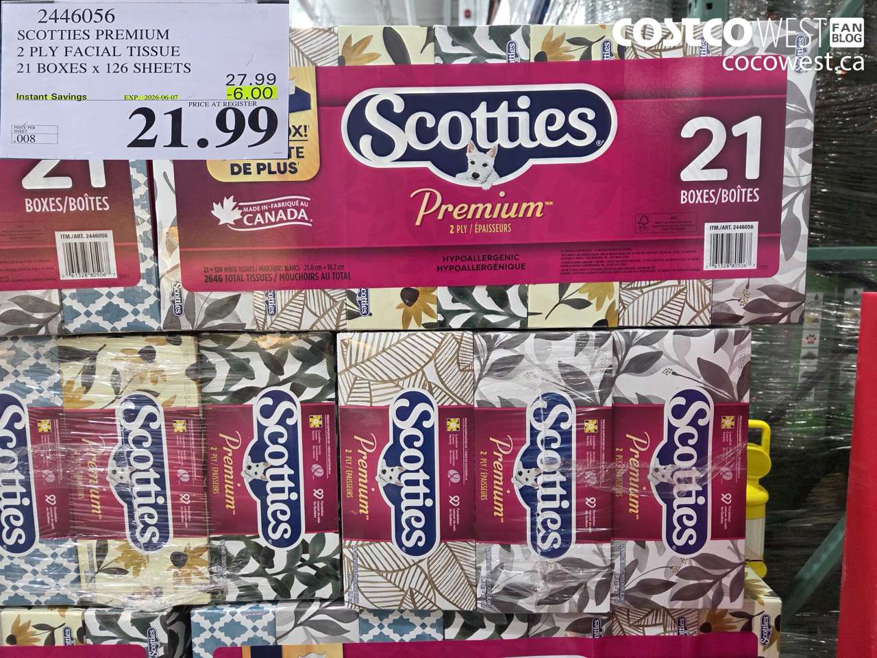2446056 SCOTTIES PREMIUM 2 PLY FACIAL TISSUE 21 BOXES X 126 SHEETS ($6.00 INSTANT SAVINGS EXPIRES ON 2026-06-07) $21.99