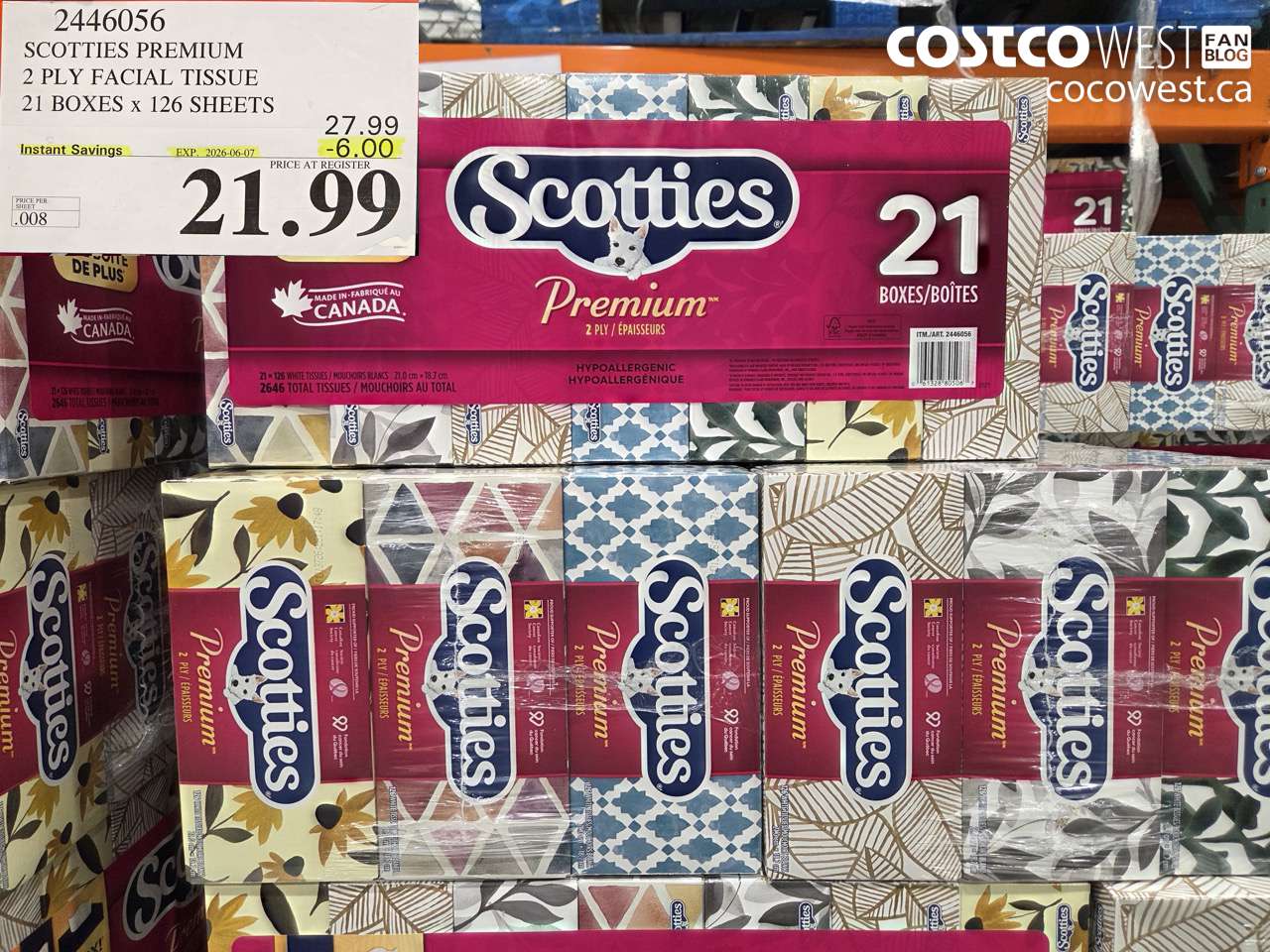 2446056 SCOTTIES PREMIUM 2 PLY FACIAL TISSUE 21 BOXES X 126 SHEETS ($6.00 INSTANT SAVINGS EXPIRES ON 2026-06-07) $21.99