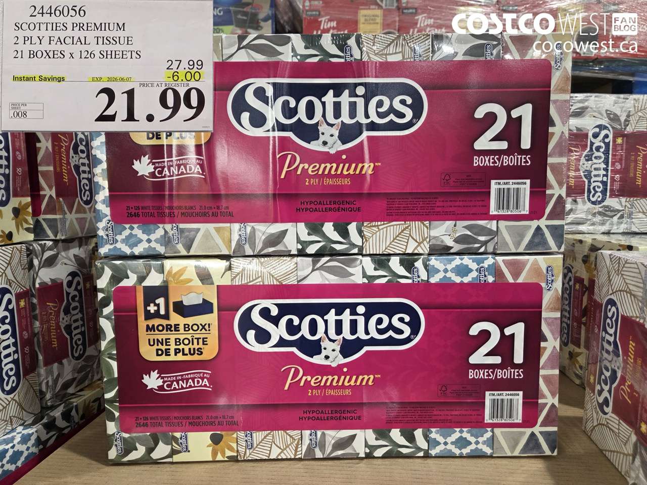 2446056 SCOTTIES PREMIUM 2 PLY FACIAL TISSUE 21 BOXES X 126 SHEETS ($6.00 INSTANT SAVINGS EXPIRES ON 2026-06-07) $21.99