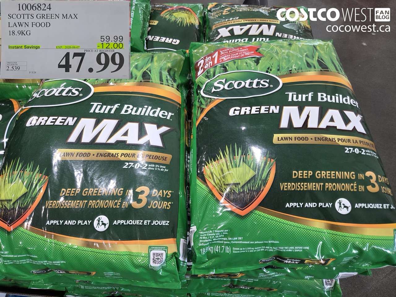1006824 SCOTTS GREEN MAX LAWN FOOD 18.9KG ($12.00 INSTANT SAVINGS EXPIRES ON 2026-06-07) $47.99