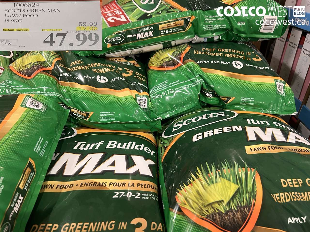 1006824 SCOTTS GREEN MAX LAWN FOOD 18.9KG ($12.00 INSTANT SAVINGS EXPIRES ON 2026-06-07) $47.99