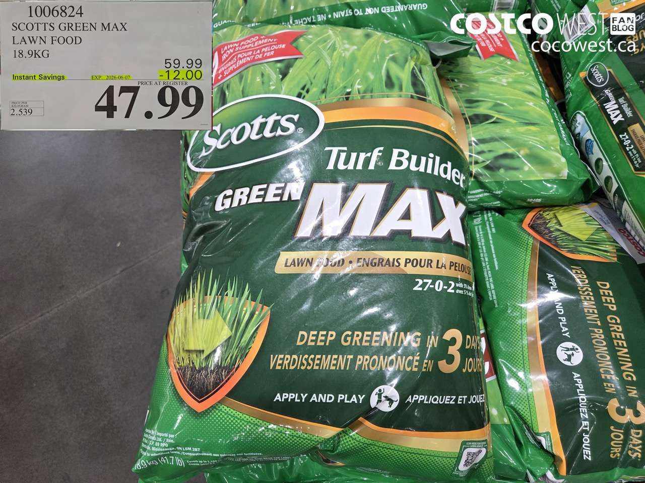 1006824 SCOTTS GREEN MAX LAWN FOOD 18.9KG ($12.00 INSTANT SAVINGS EXPIRES ON 2026-06-07) $47.99