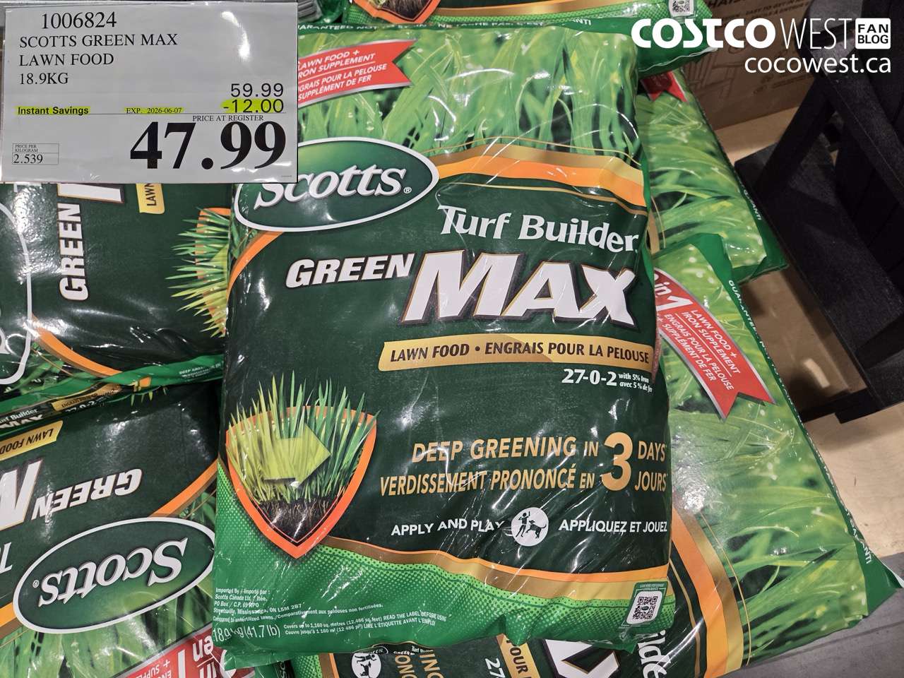 1006824 SCOTTS GREEN MAX LAWN FOOD 18.9KG ($12.00 INSTANT SAVINGS EXPIRES ON 2026-06-07) $47.99
