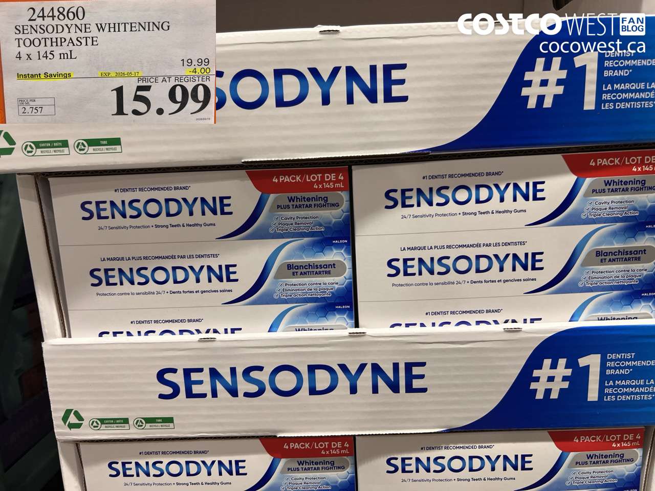 244860 SENSODYNE WHITENING TOOTHPASTE 4 X 145 ML ($4.00 INSTANT SAVINGS EXPIRES ON 2026-05-17) $15.99