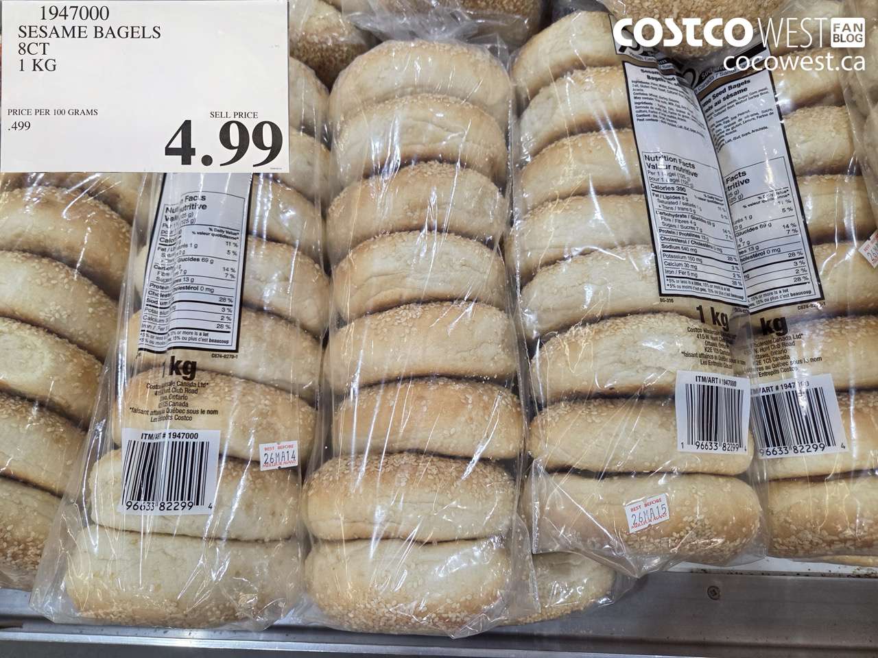 1947000 SESAME BAGELS 8CT 1 KG $4.99