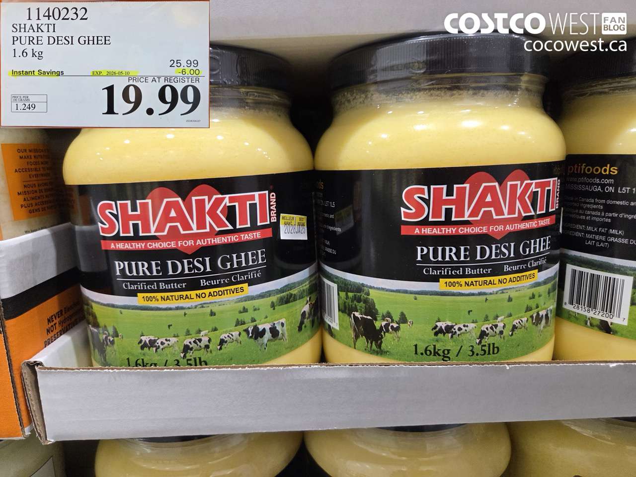 1140232 SHAKTI PURE DESI GHEE 1.6 KG ($6.00 INSTANT SAVINGS EXPIRES ON 2026-05-10) $19.99
