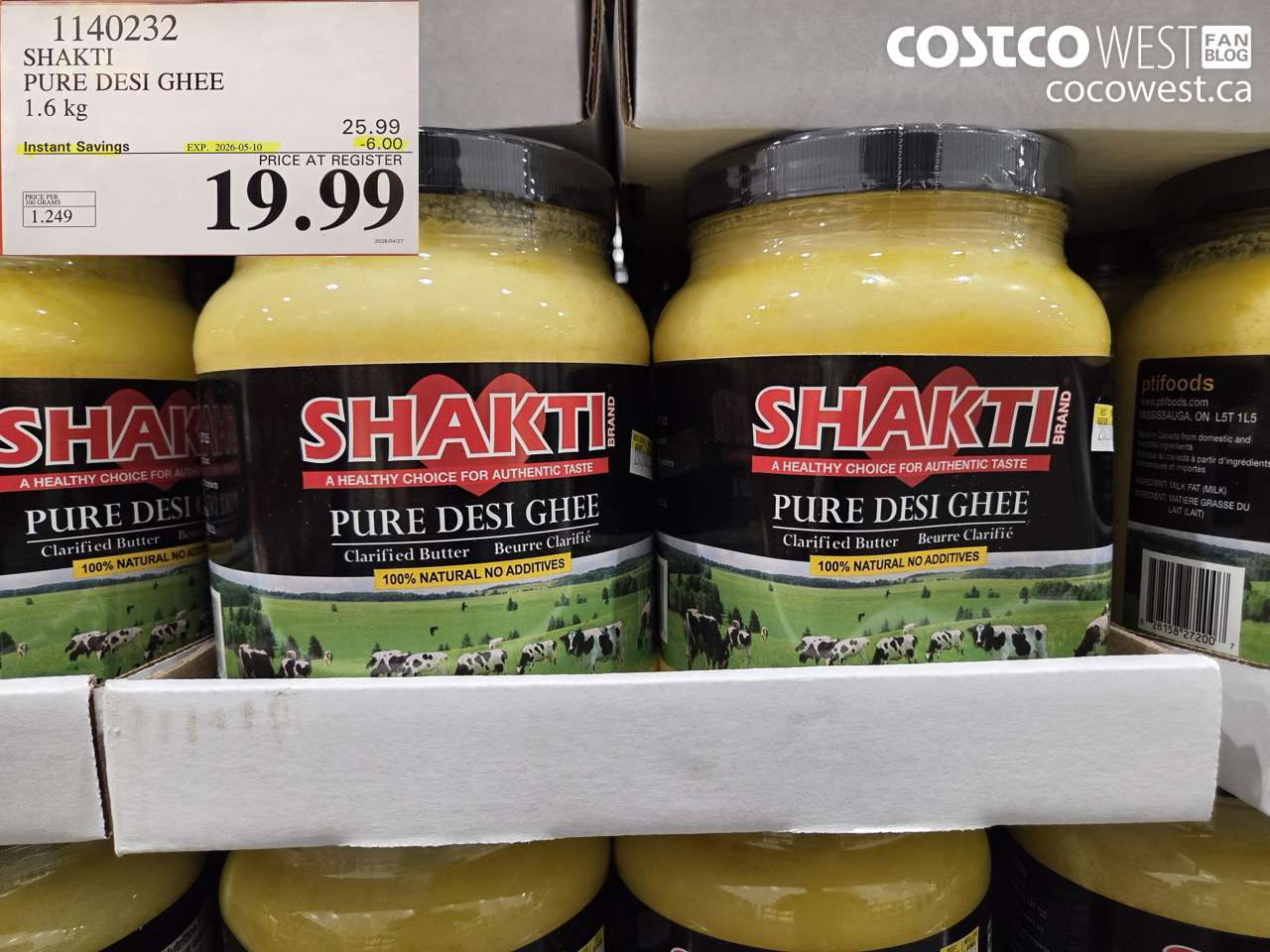 1140232 SHAKTI PURE DESI GHEE 1.6 KG ($6.00 INSTANT SAVINGS EXPIRES ON 2026-05-10) $19.99