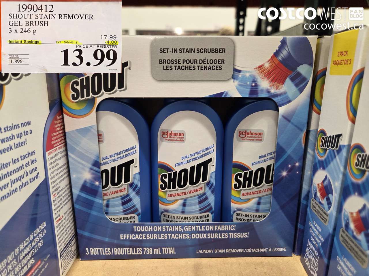 1990412 SHOUT STAIN REMOVER GEL BRUSH 3 X 246 G ($4.00 INSTANT SAVINGS EXPIRES ON 2026-05-11) $13.99