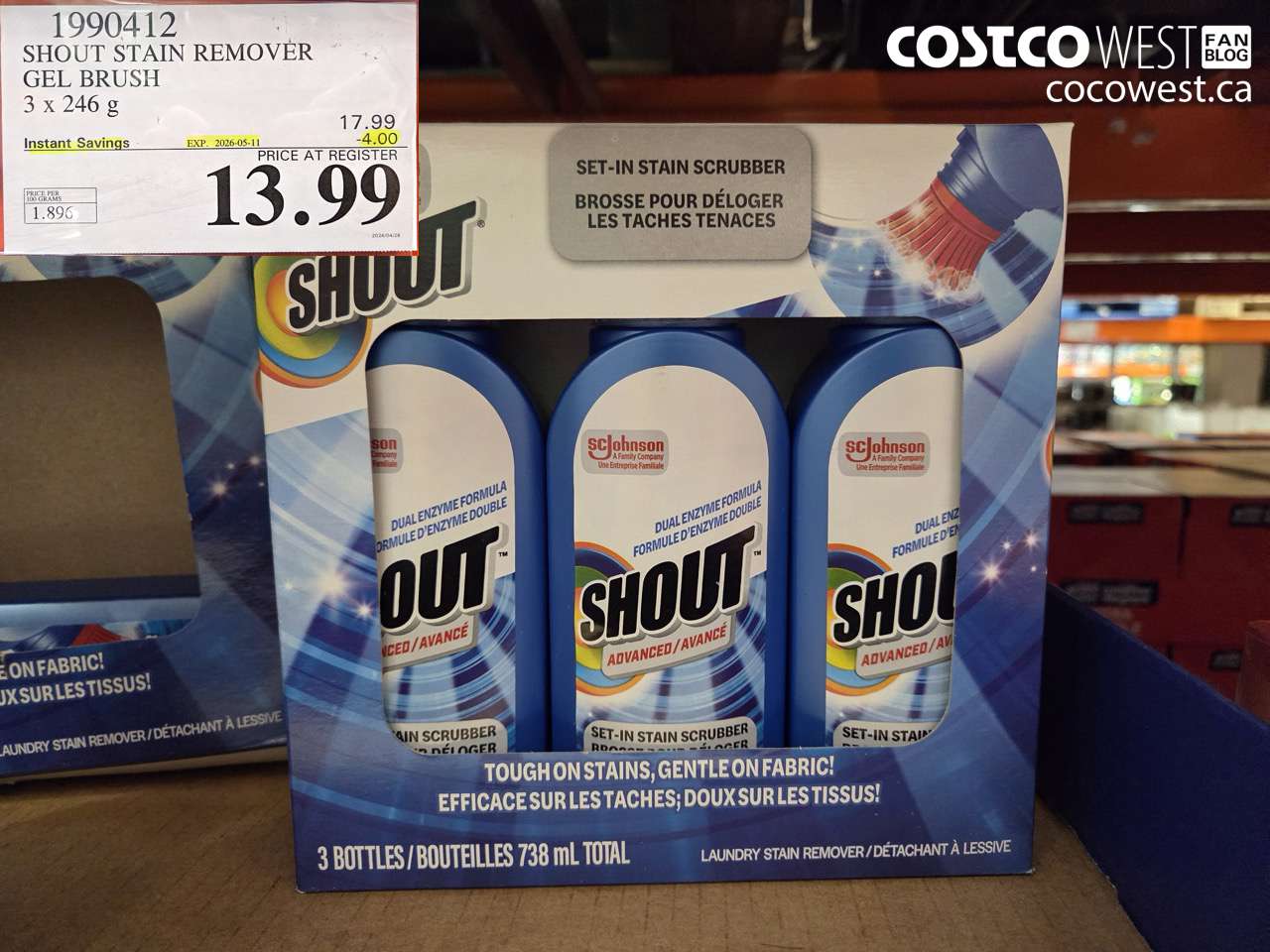 1990412 SHOUT STAIN REMOVER GEL BRUSH 3 X 246 G ($4.00 INSTANT SAVINGS EXPIRES ON 2026-05-11) $13.99
