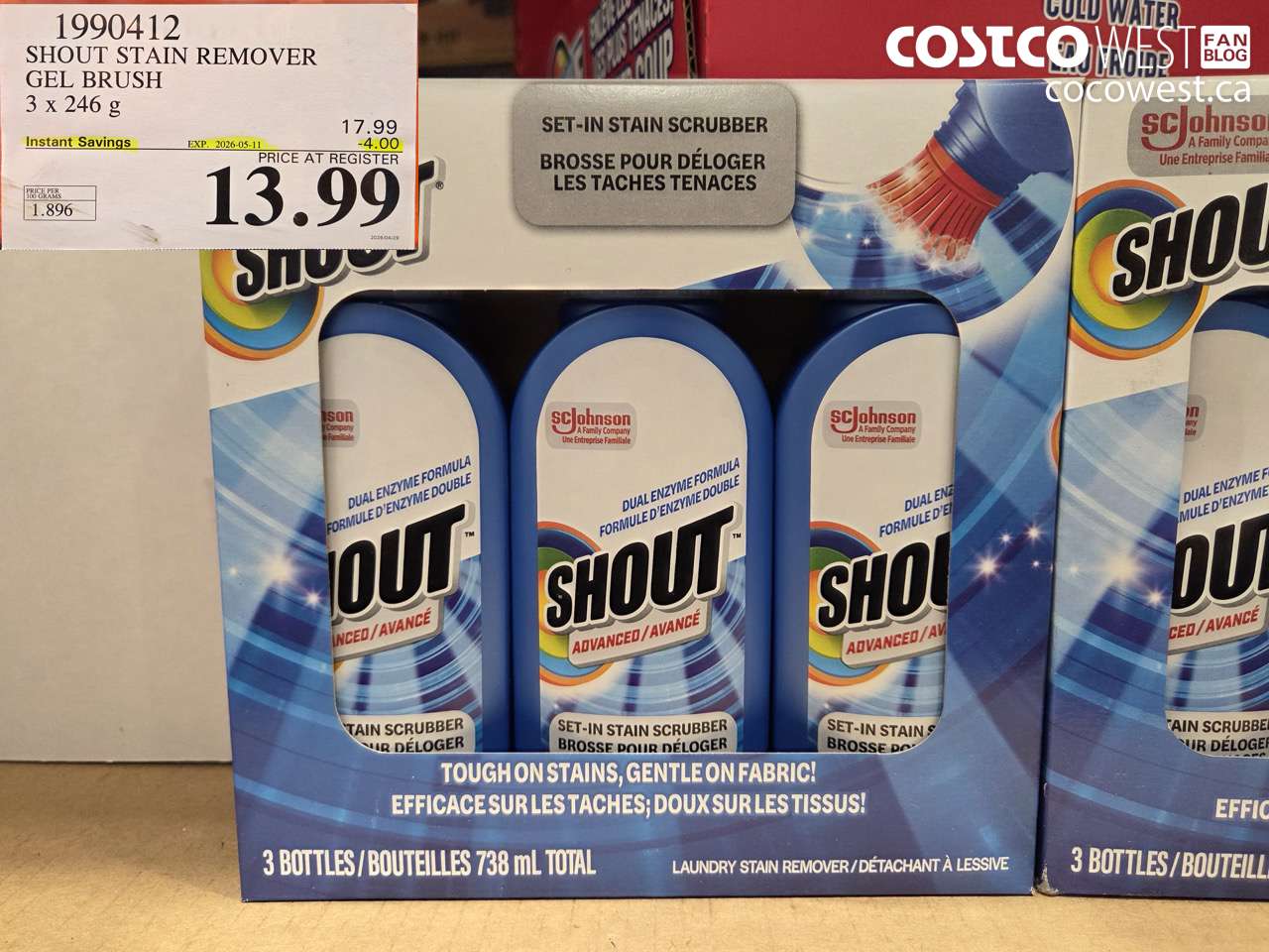 1990412 SHOUT STAIN REMOVER GEL BRUSH 3 X 246 G ($4.00 INSTANT SAVINGS EXPIRES ON 2026-05-11) $13.99