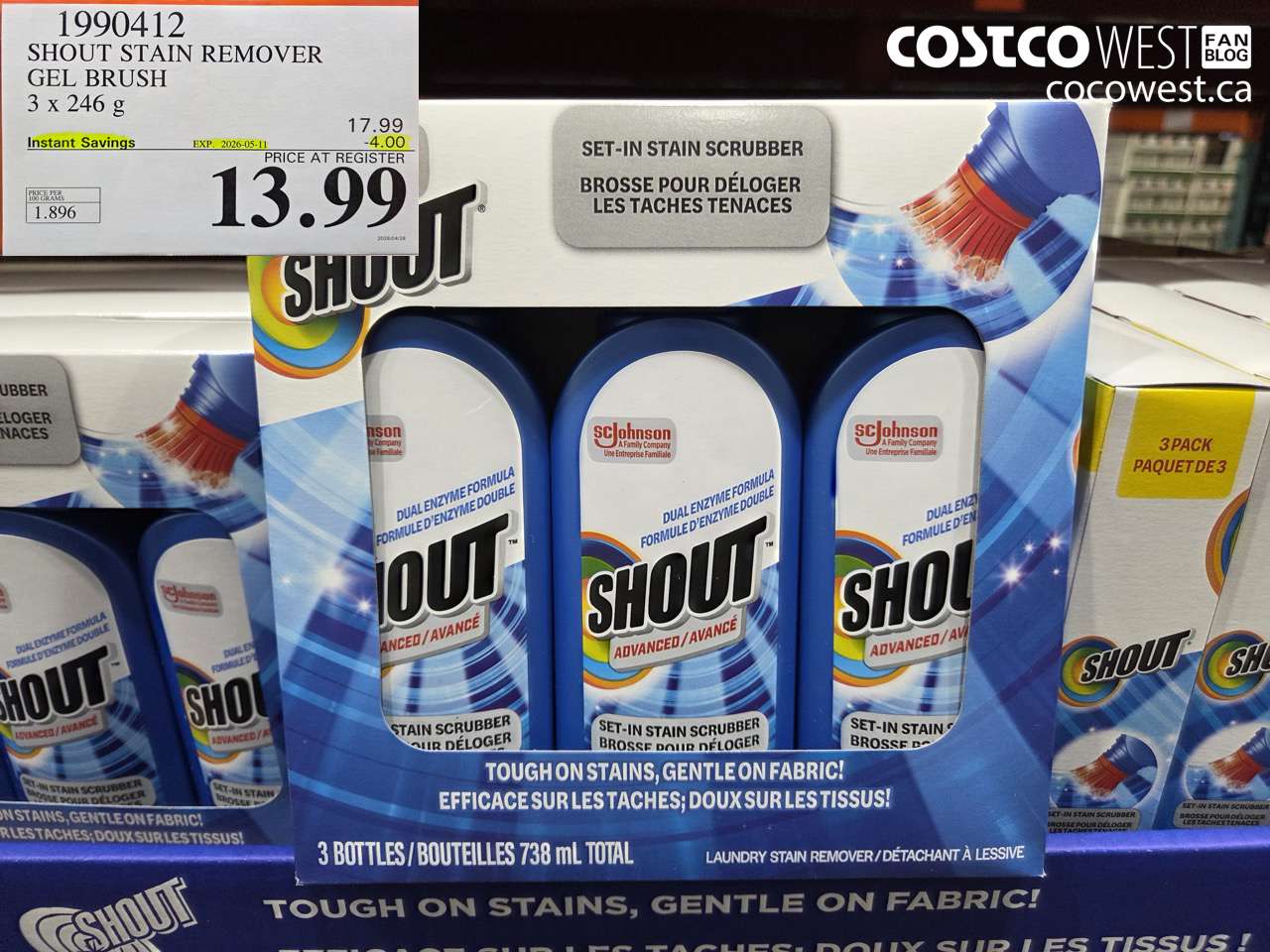 1990412 SHOUT STAIN REMOVER GEL BRUSH 3 X 246 G ($4.00 INSTANT SAVINGS EXPIRES ON 2026-05-11) $13.99