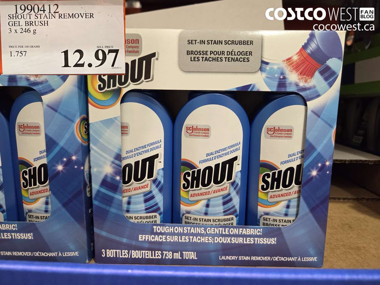 1990412 SHOUT STAIN REMOVER GEL BRUSH 3 X 246 G $12.97
