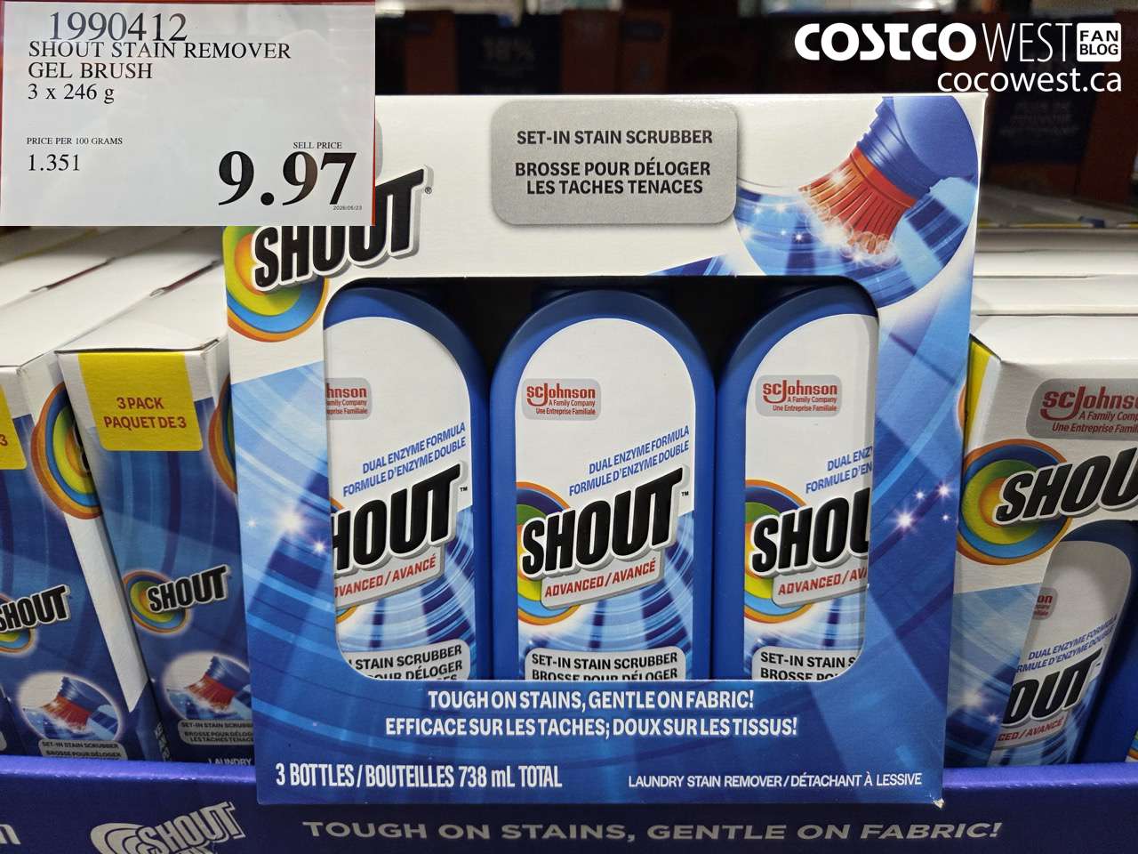 1990412 SHOUT STAIN REMOVER GEL BRUSH 3 X 246 G $9.97