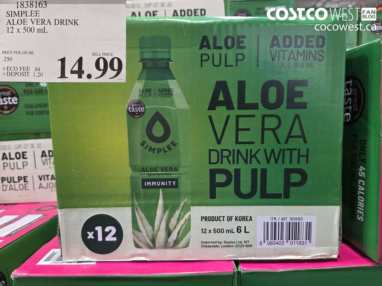 1838163 SIMPLEE ALOE VERA DRINK 12 X 500 ML $14.99