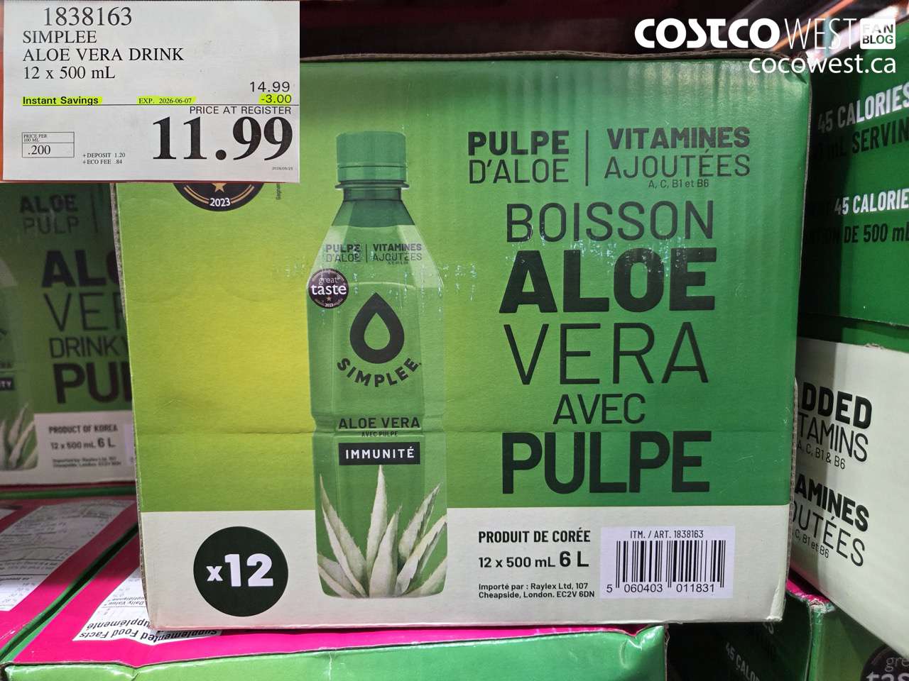 1838163 SIMPLEE ALOE VERA DRINK 12 X 500 ML ($3.00 INSTANT SAVINGS EXPIRES ON 2026-06-07) $11.99
