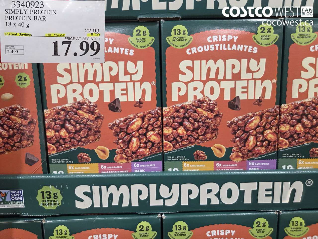 3340923 SIMPLY PROTEIN PROTEIN BAR 18 X 40 G ($5.00 INSTANT SAVINGS EXPIRES ON 2026-05-10) $17.99