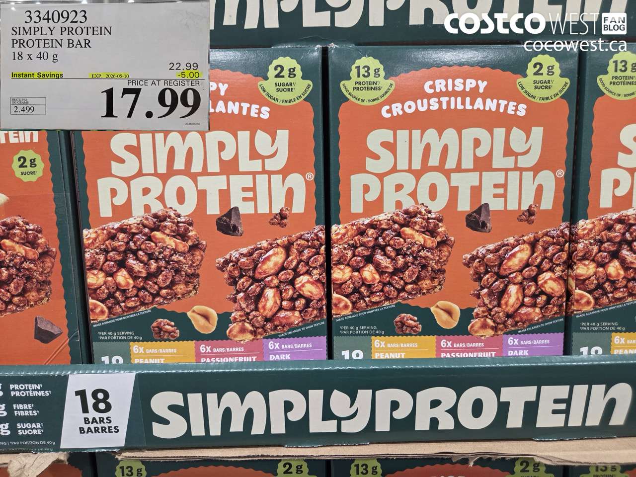 3340923 SIMPLY PROTEIN PROTEIN BAR 18 X 40 G ($5.00 INSTANT SAVINGS EXPIRES ON 2026-05-10) $17.99