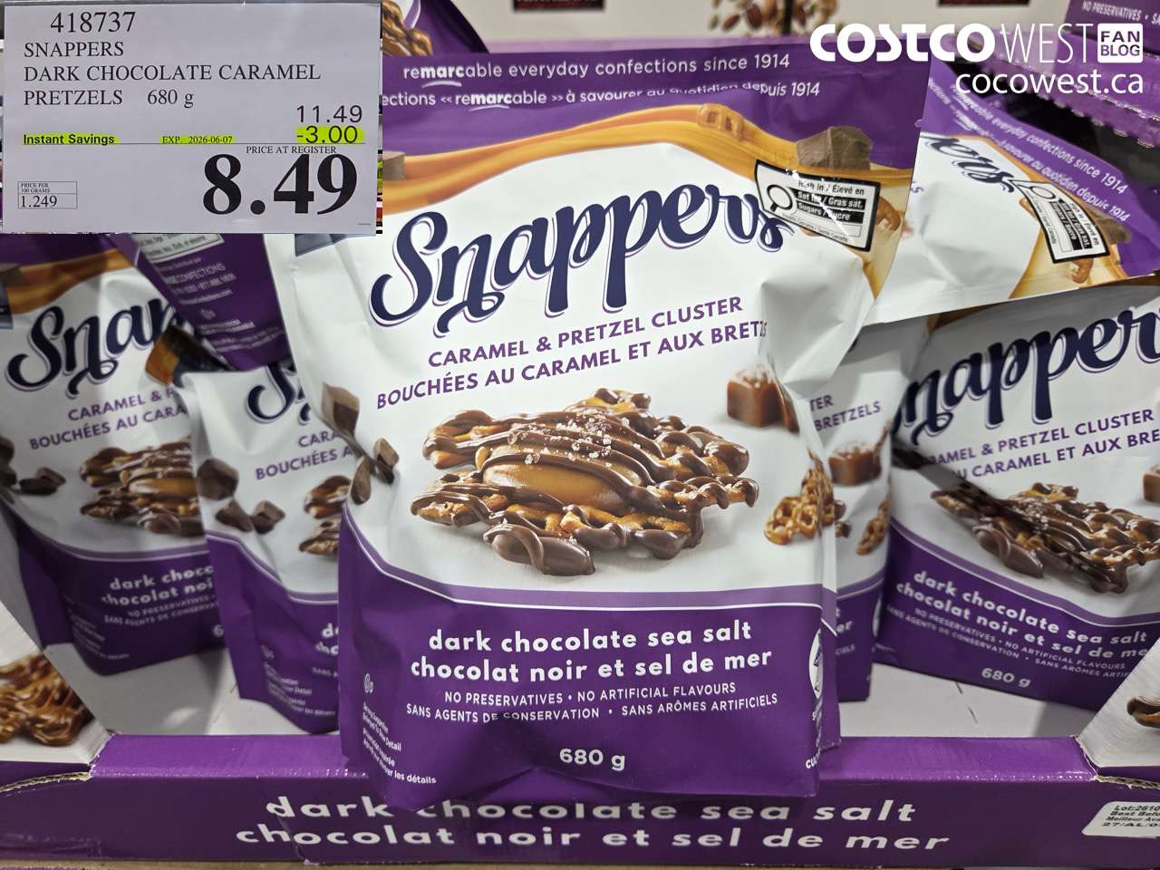 418737 SNAPPERS DARK CHOCOLATE CARAMEL PRETZELS 680 G ($3.00 INSTANT SAVINGS EXPIRES ON 2026-06-07) $8.49