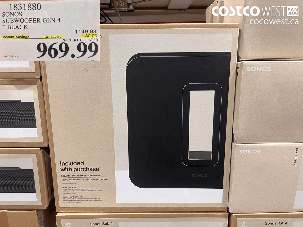 1831880 SONOS SUBWOOFER GEN 4 BLACK ($180.00 INSTANT SAVINGS EXPIRES ON 2026-06-21) $969.99