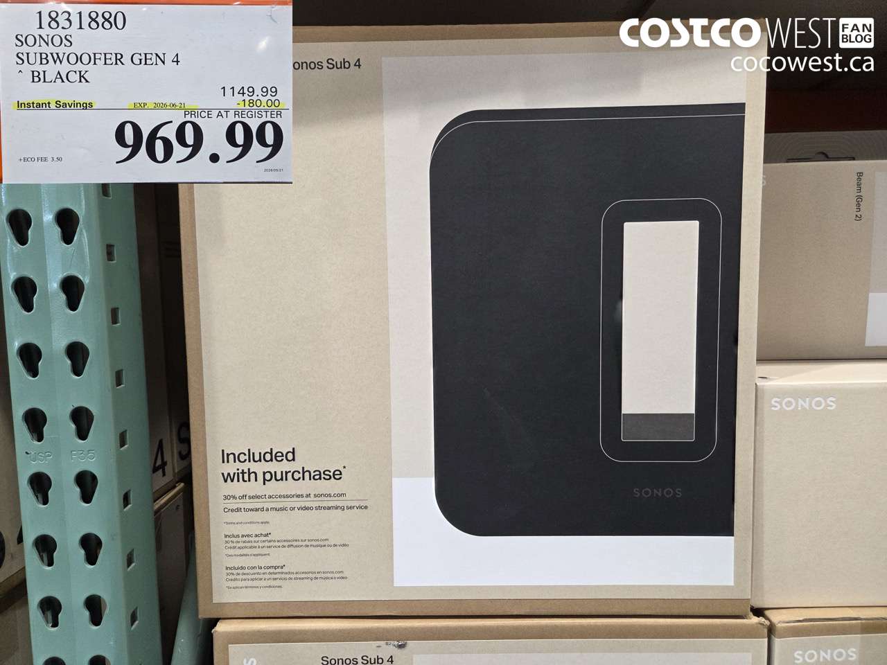 1831880 SONOS SUBWOOFER GEN 4 BLACK ($180.00 INSTANT SAVINGS EXPIRES ON 2026-06-21) $969.99
