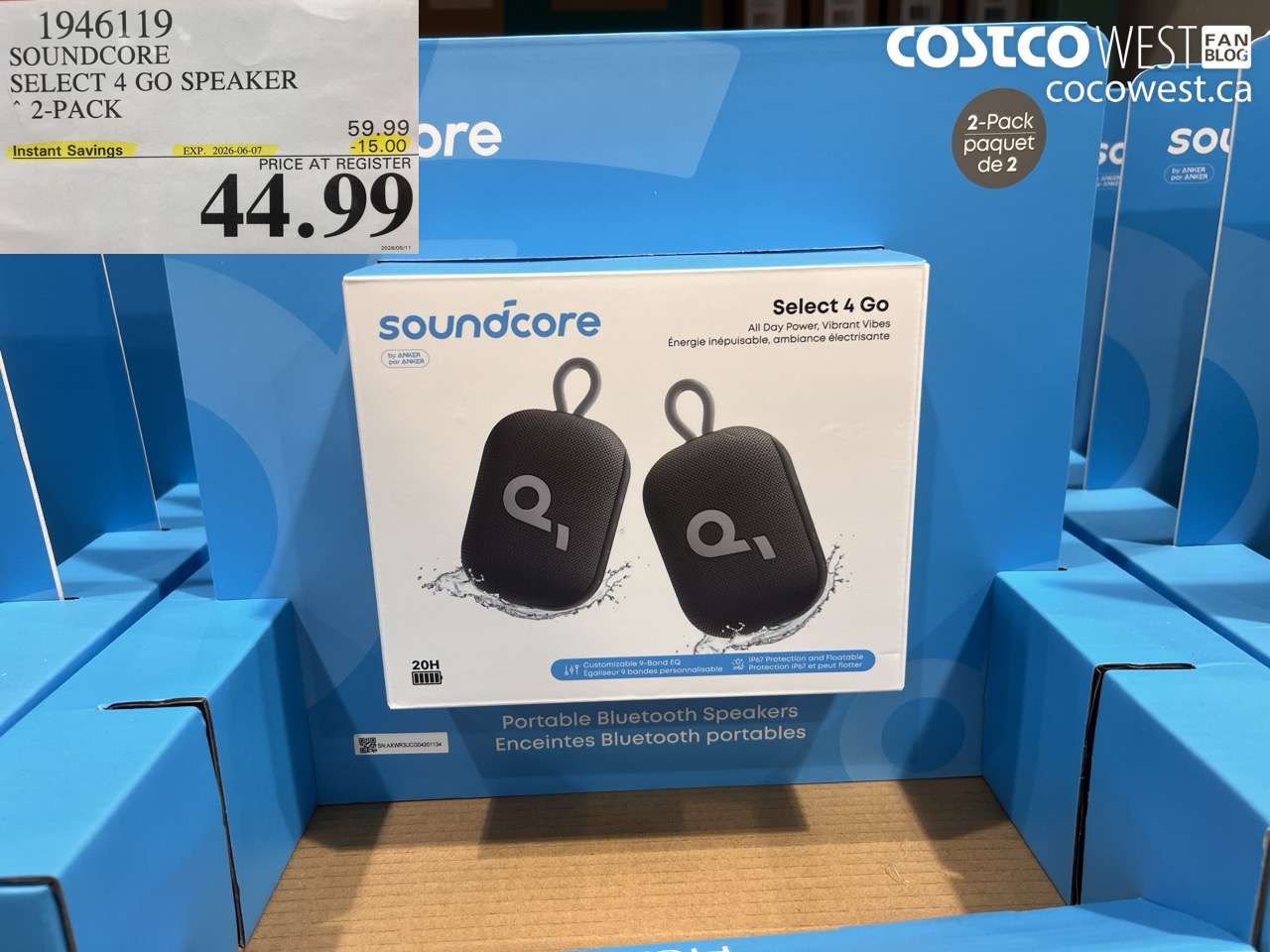 1946119 SOUNDCORE SELECT 4 GO SPEAKER 2-PACK ($15.00 INSTANT SAVINGS EXPIRES ON 2026-06-07) $44.99