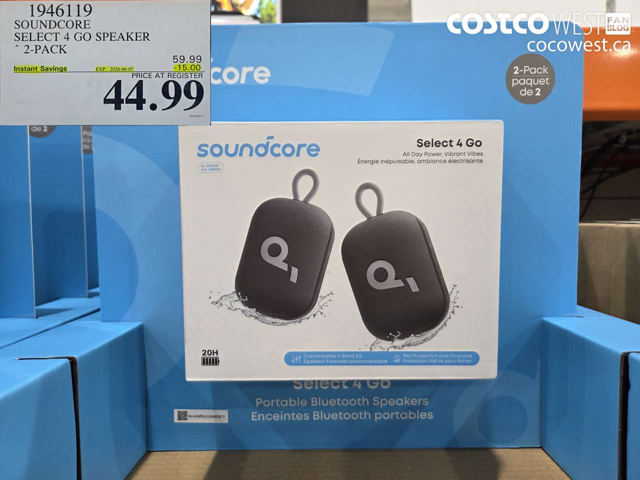 1946119 SOUNDCORE SELECT 4 GO SPEAKER 2-PACK ($15.00 INSTANT SAVINGS EXPIRES ON 2026-06-07) $44.99