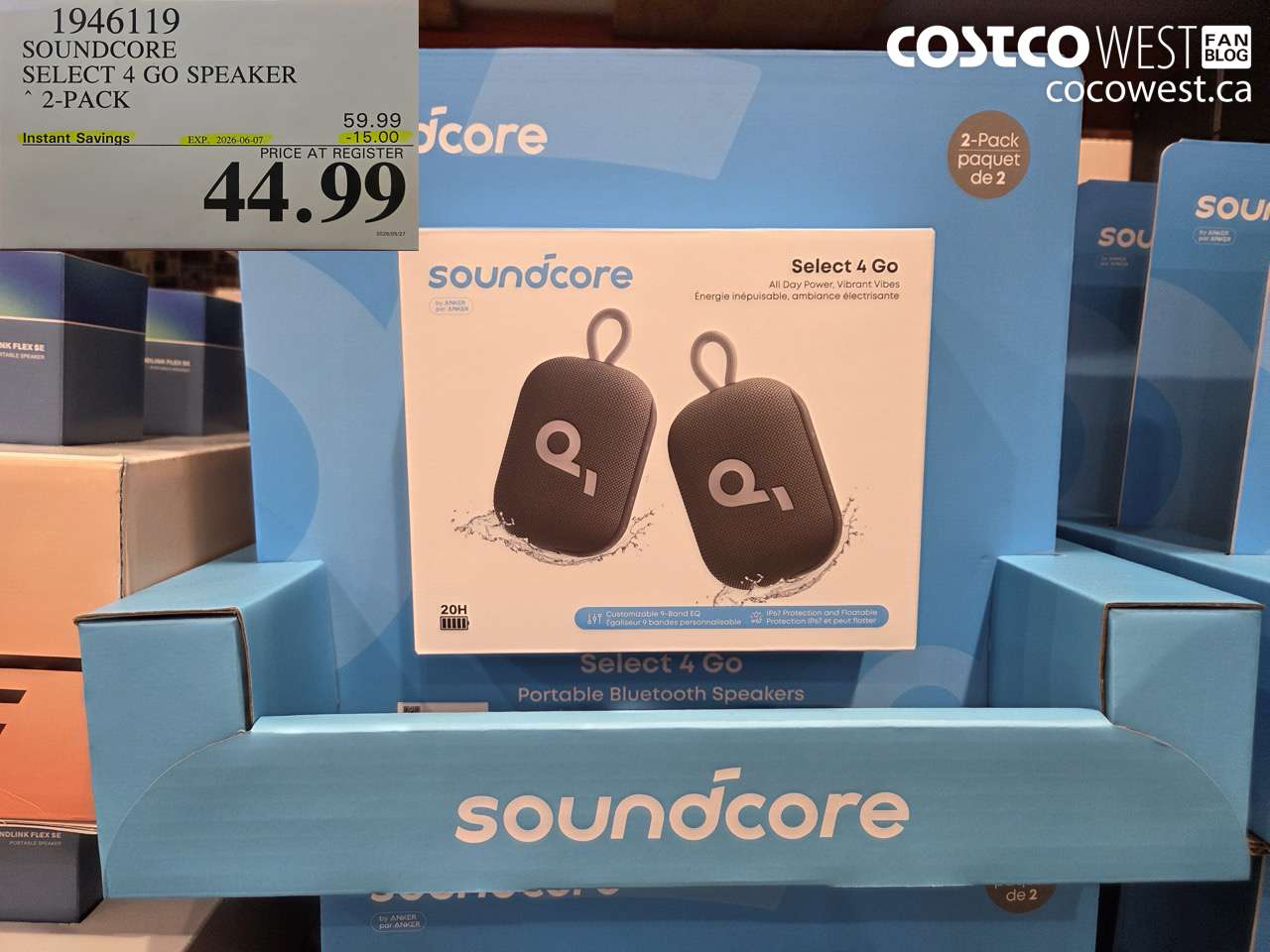 1946119 SOUNDCORE SELECT 4 GO SPEAKER 2-PACK ($15.00 INSTANT SAVINGS EXPIRES ON 2026-06-07) $44.99