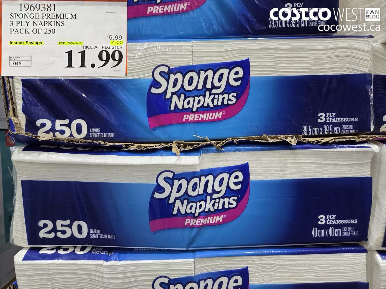 1969381 SPONGE PREMIUM 3 PLY NAPKINS PACK OF 250 ($4.00 INSTANT SAVINGS EXPIRES ON 2026-06-07) $11.99