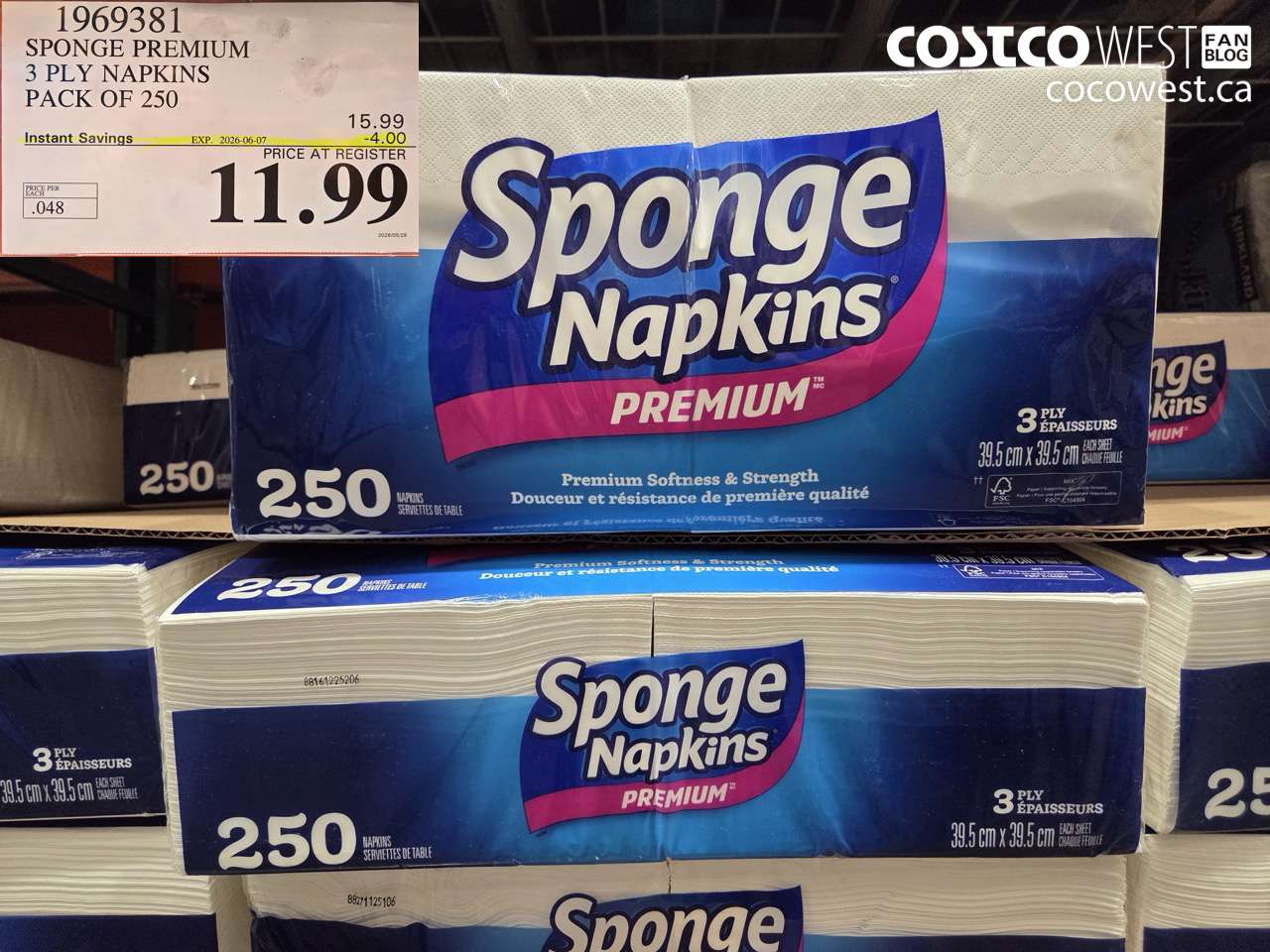 1969381 SPONGE PREMIUM 3 PLY NAPKINS PACK OF 250 ($4.00 INSTANT SAVINGS EXPIRES ON 2026-06-07) $11.99