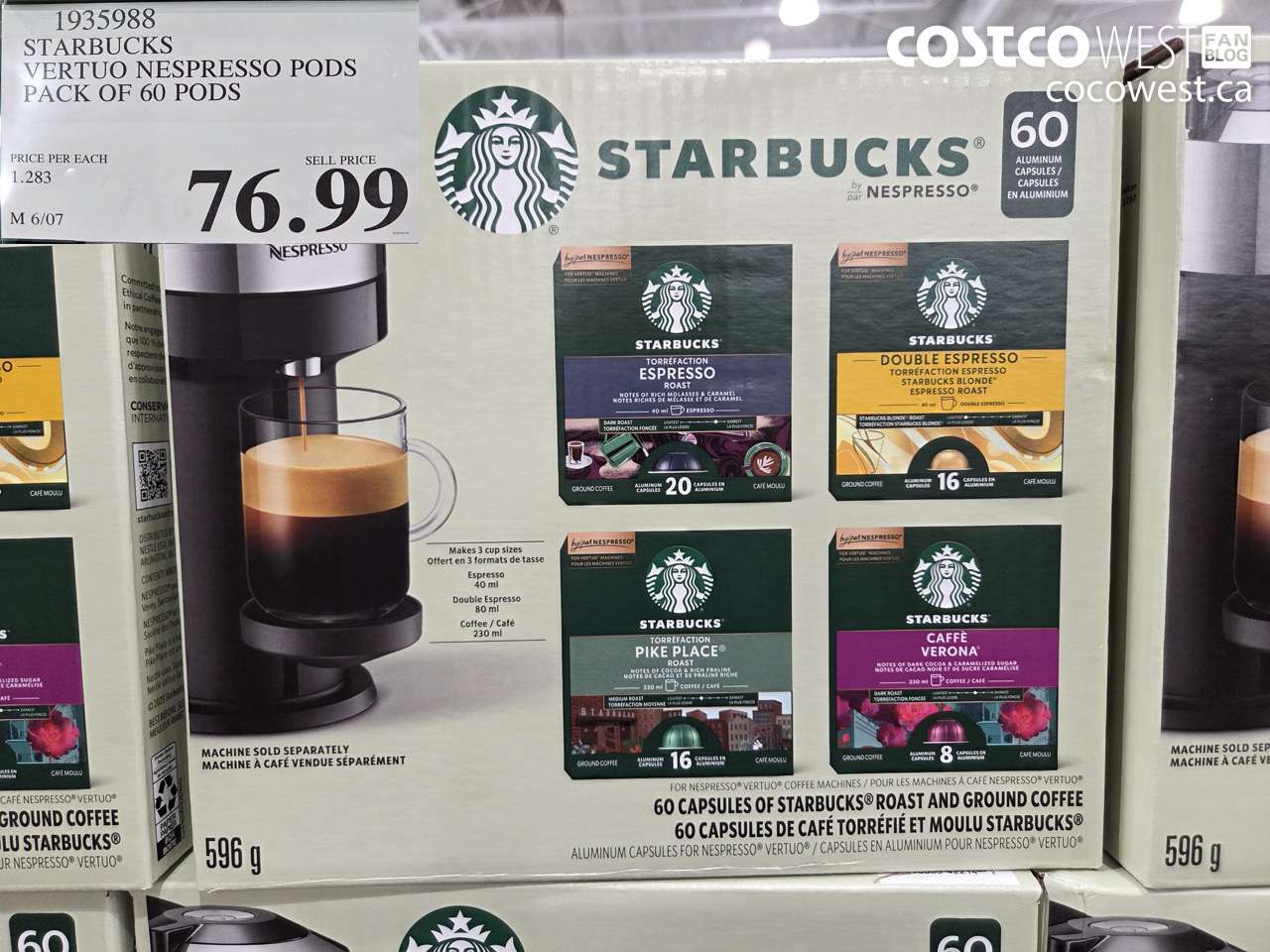 1935988 STARBUCKS VERTUO NESPRESSO PODS PACK OF 60 PODS $76.99