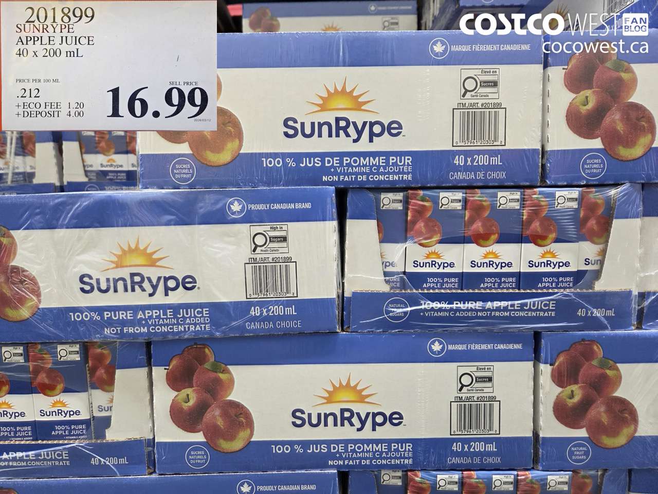 201899 SUNRYPE APPLE JUICE 40 X 200 ML $16.99