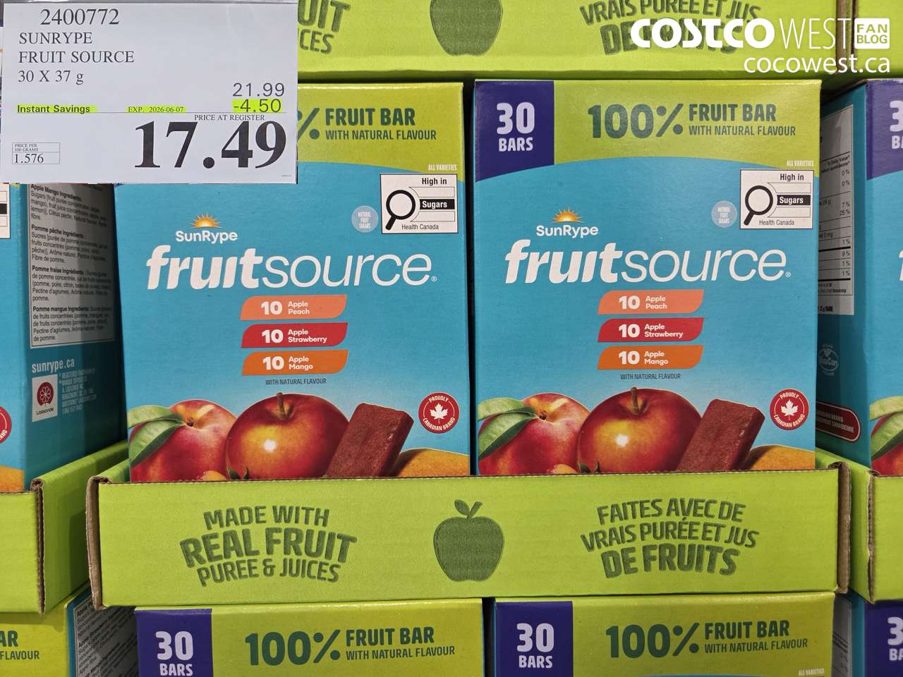 2400772 SUNRYPE FRUIT SOURCE 30 X 37 G ($4.50 INSTANT SAVINGS EXPIRES ON 2026-06-07) $17.49