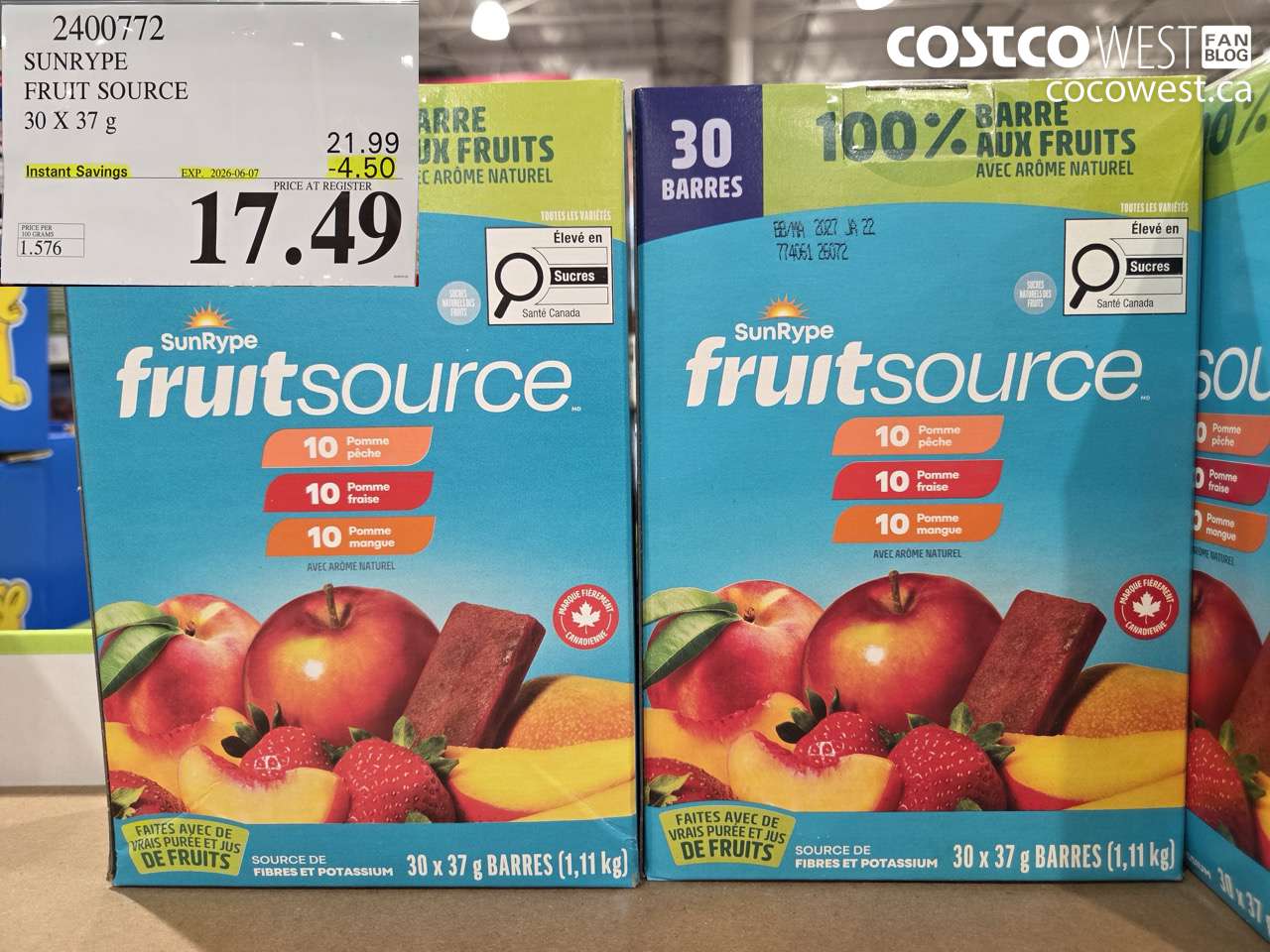 2400772 SUNRYPE FRUIT SOURCE 30 X 37 G ($4.50 INSTANT SAVINGS EXPIRES ON 2026-06-07) $17.49