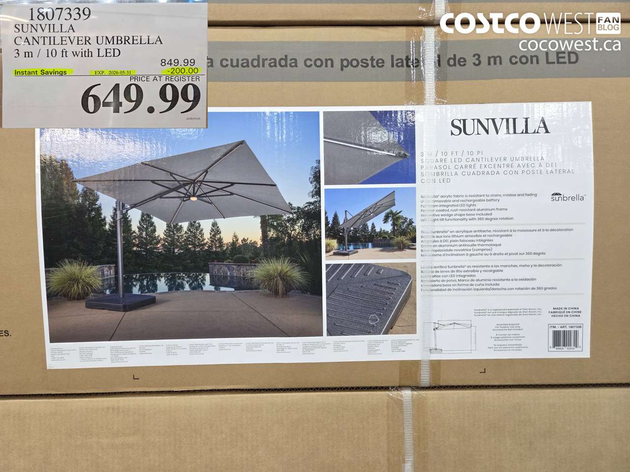1807339 SUNVILLA CANTILEVER UMBRELLA 3 M / 10 FT WITH LED ($200.00 INSTANT SAVINGS EXPIRES ON 2026-05-31) $649.99