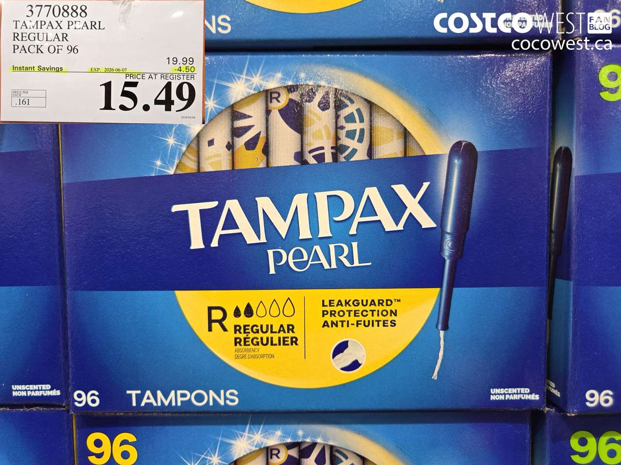 3770888 TAMPAX PEARL REGULAR PACK OF 96 ($4.50 INSTANT SAVINGS EXPIRES ON 2026-06-07) $15.49