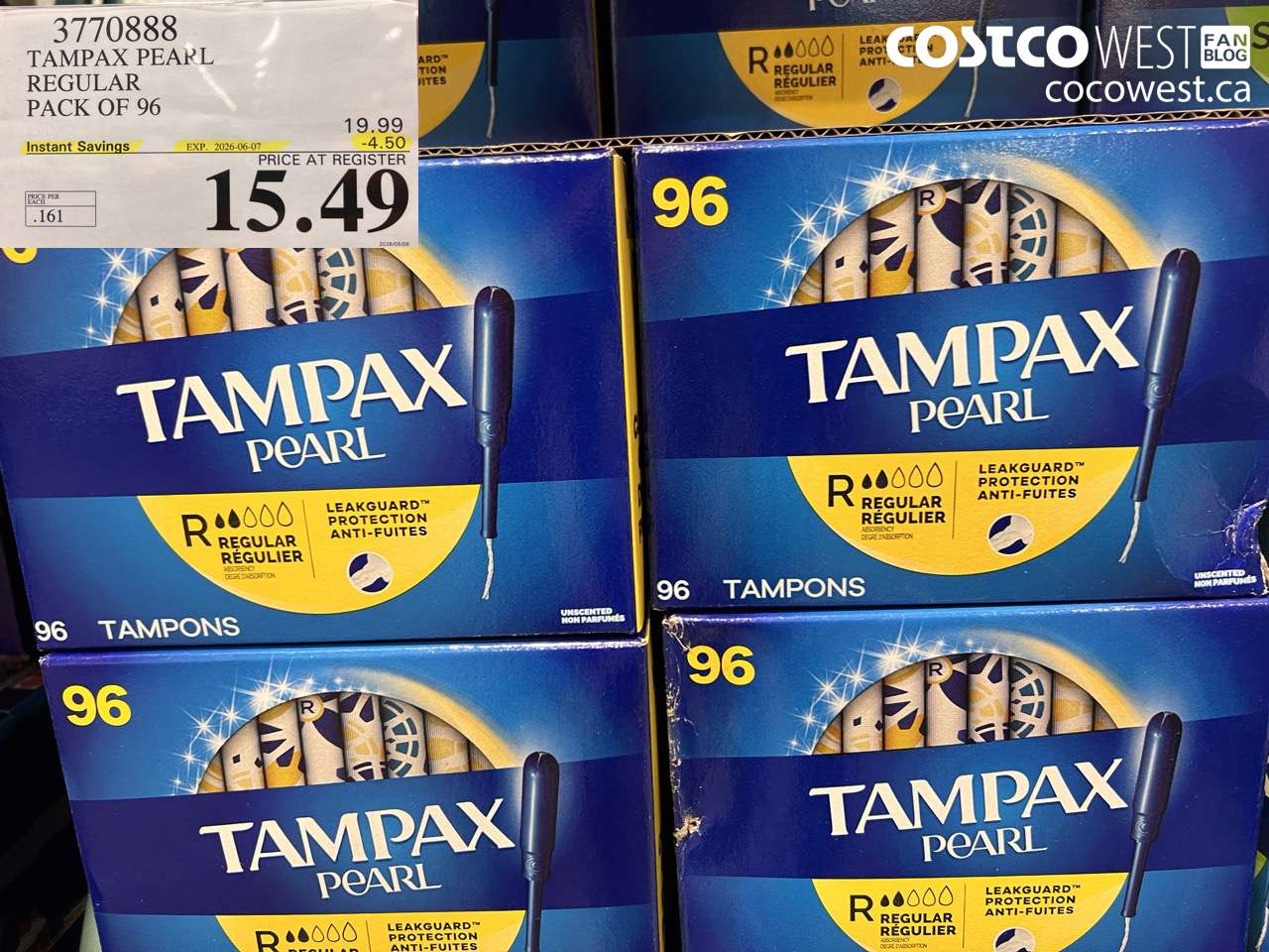 3770888 TAMPAX PEARL REGULAR PACK OF 96 ($4.50 INSTANT SAVINGS EXPIRES ON 2026-06-07) $15.49