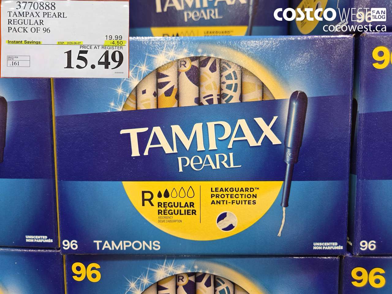 3770888 TAMPAX PEARL REGULAR PACK OF 96 ($4.50 INSTANT SAVINGS EXPIRES ON 2026-06-07) $15.49