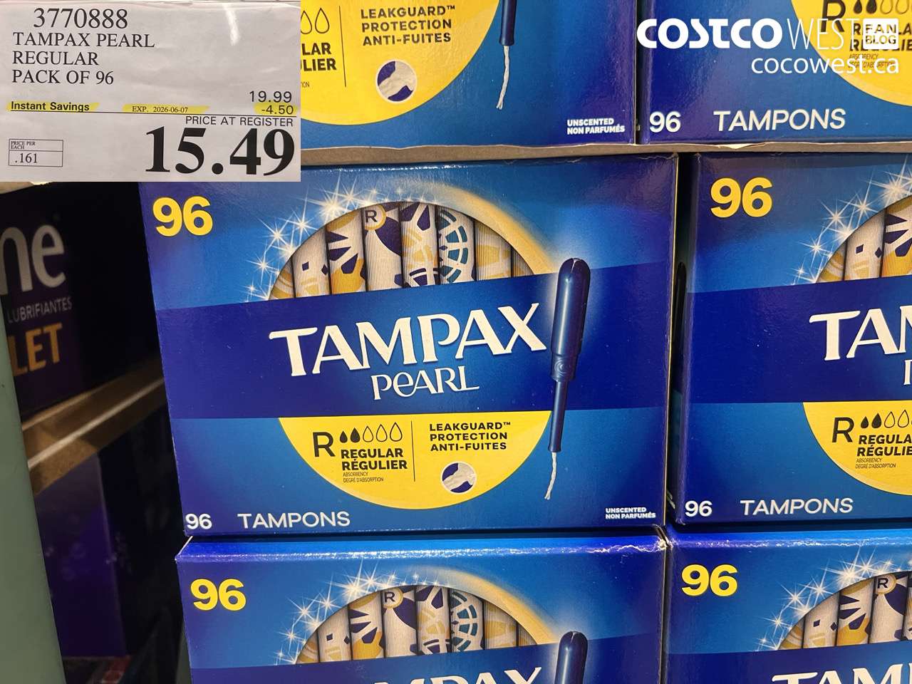 3770888 TAMPAX PEARL REGULAR PACK OF 96 ($4.50 INSTANT SAVINGS EXPIRES ON 2026-06-07) $15.49