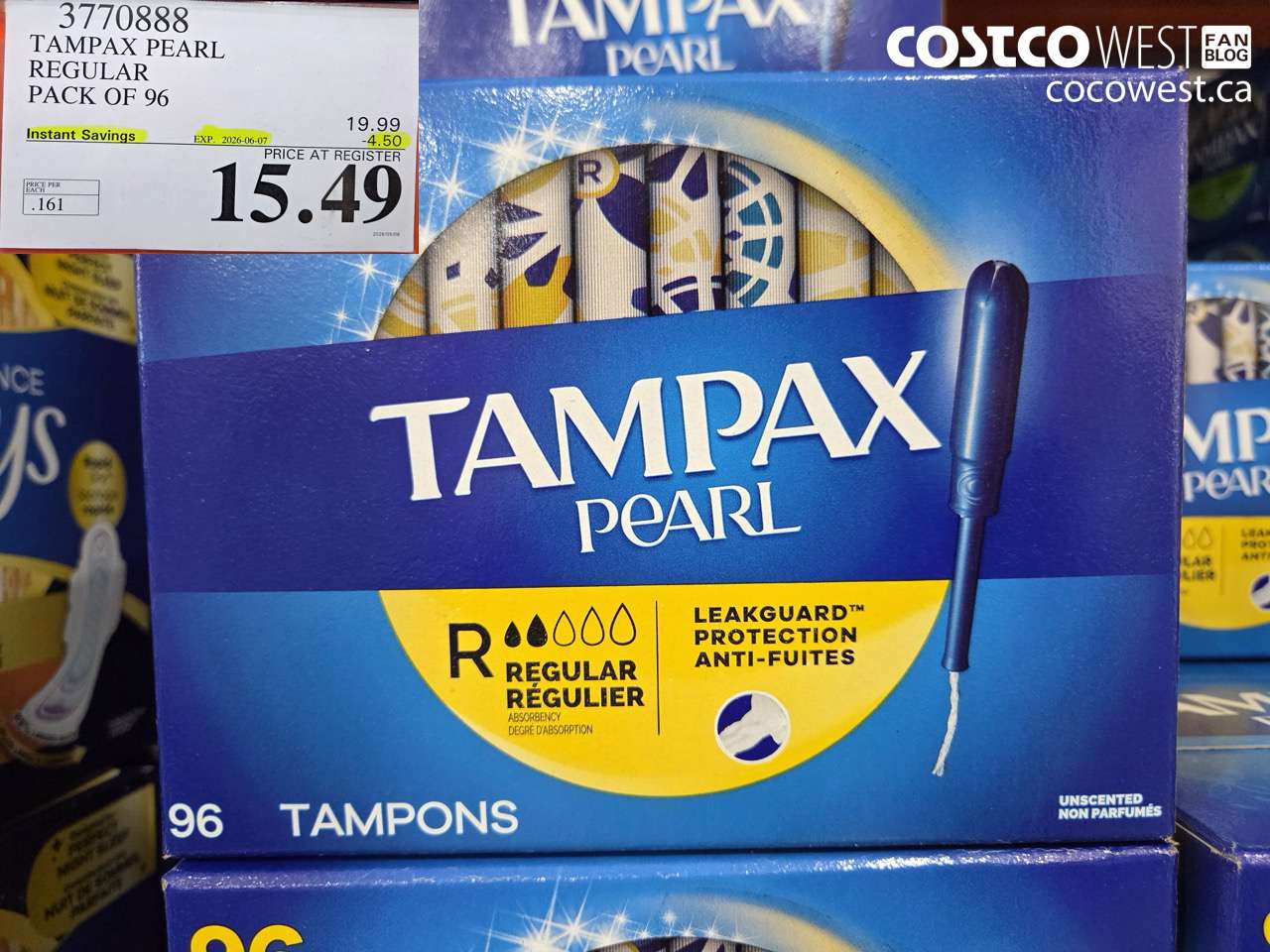 3770888 TAMPAX PEARL REGULAR PACK OF 96 ($4.50 INSTANT SAVINGS EXPIRES ON 2026-06-07) $15.49