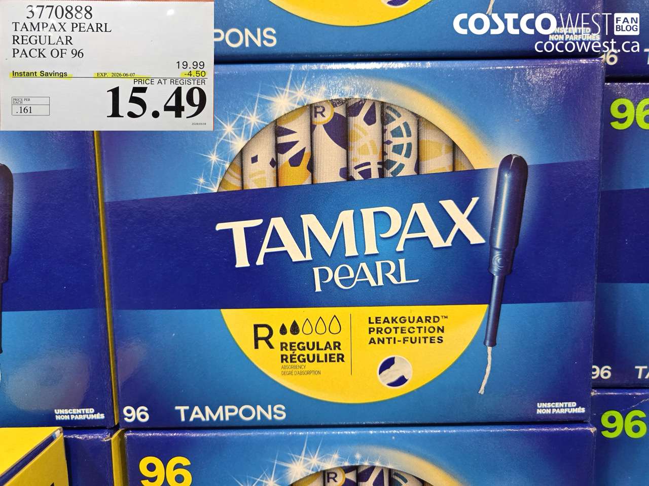 3770888 TAMPAX PEARL REGULAR PACK OF 96 ($4.50 INSTANT SAVINGS EXPIRES ON 2026-06-07) $15.49