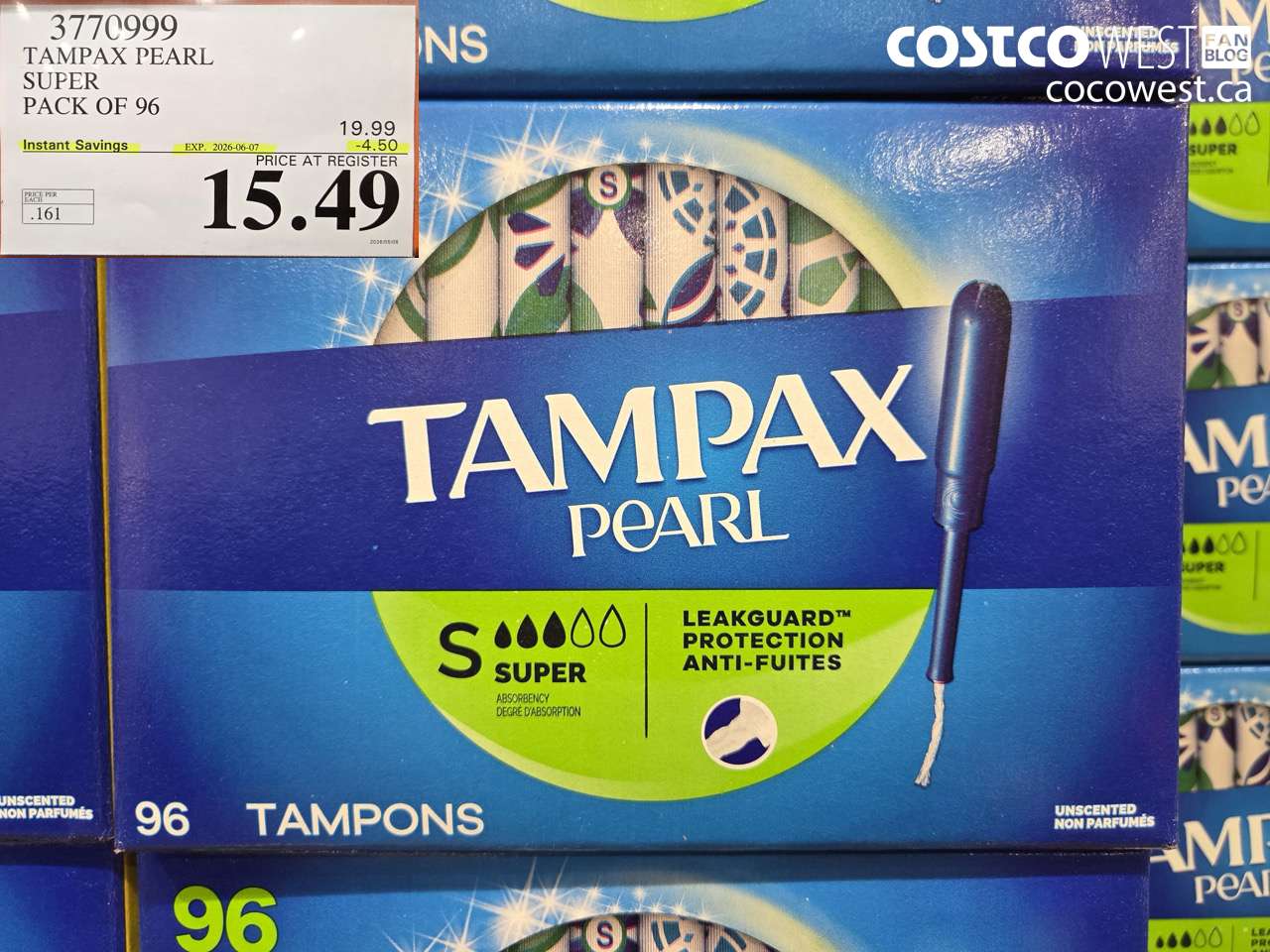 3770999 TAMPAX PEARL SUPER PACK OF 96 ($4.50 INSTANT SAVINGS EXPIRES ON 2026-06-07) $15.49