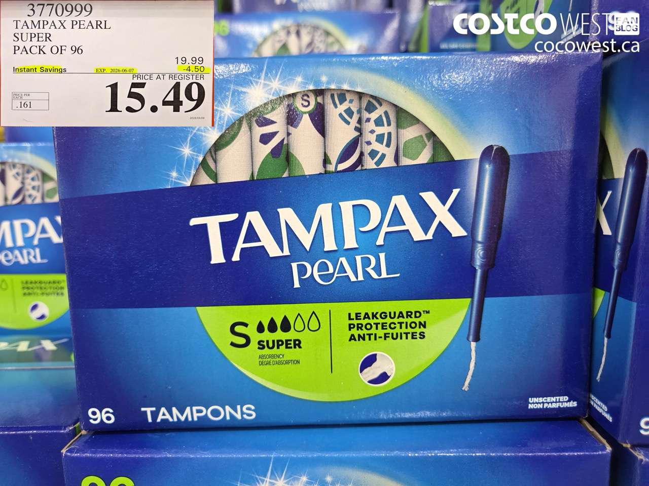 3770999 TAMPAX PEARL SUPER PACK OF 96 ($4.50 INSTANT SAVINGS EXPIRES ON 2026-06-07) $15.49