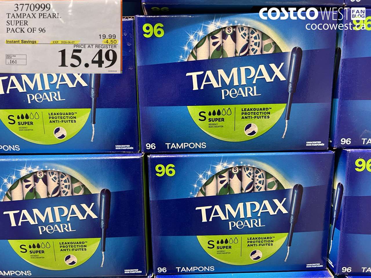 3770999 TAMPAX PEARL SUPER PACK OF 96 ($4.50 INSTANT SAVINGS EXPIRES ON 2026-06-07) $15.49