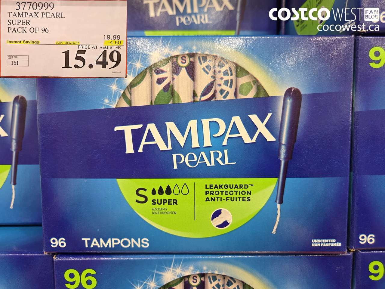 3770999 TAMPAX PEARL SUPER PACK OF 96 ($4.50 INSTANT SAVINGS EXPIRES ON 2026-06-07) $15.49