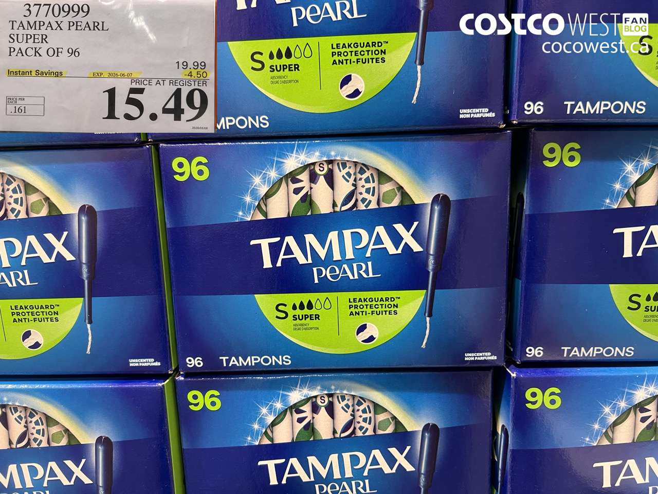 3770999 TAMPAX PEARL SUPER PACK OF 96 ($4.50 INSTANT SAVINGS EXPIRES ON 2026-06-07) $15.49