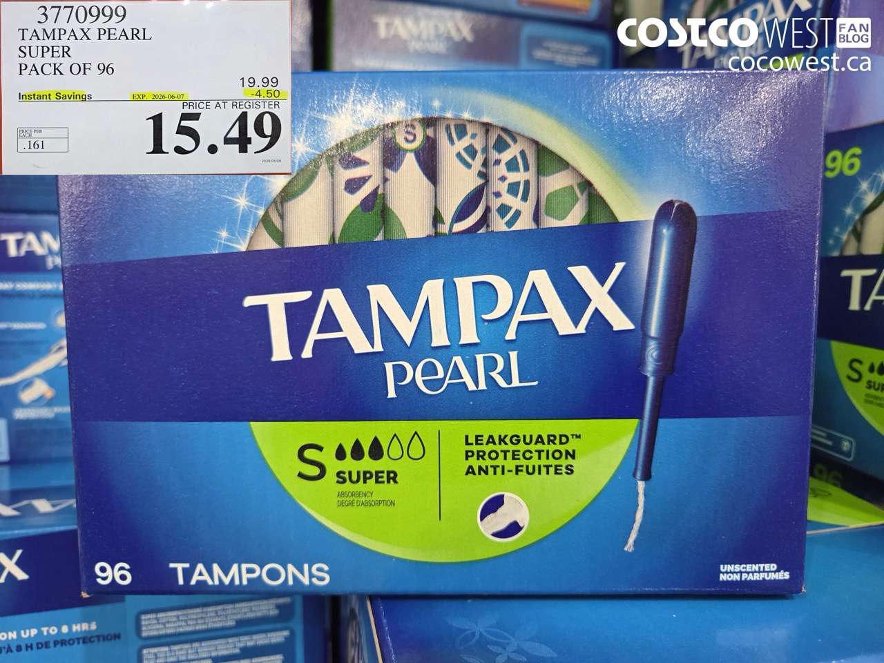 3770999 TAMPAX PEARL SUPER PACK OF 96 ($4.50 INSTANT SAVINGS EXPIRES ON 2026-06-07) $15.49