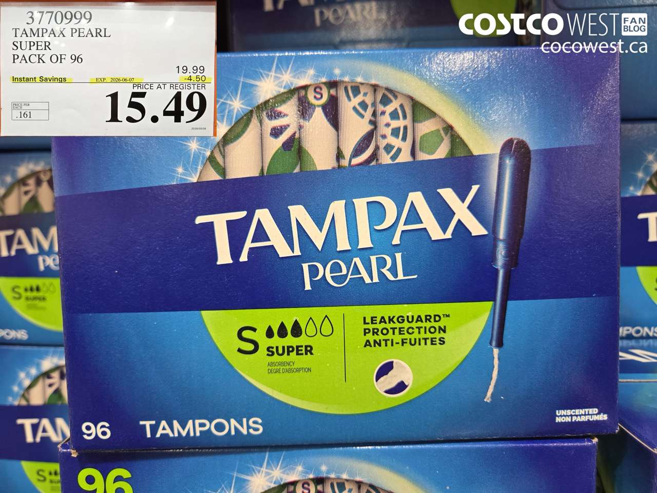 3770999 TAMPAX PEARL SUPER PACK OF 96 ($4.50 INSTANT SAVINGS EXPIRES ON 2026-06-07) $15.49