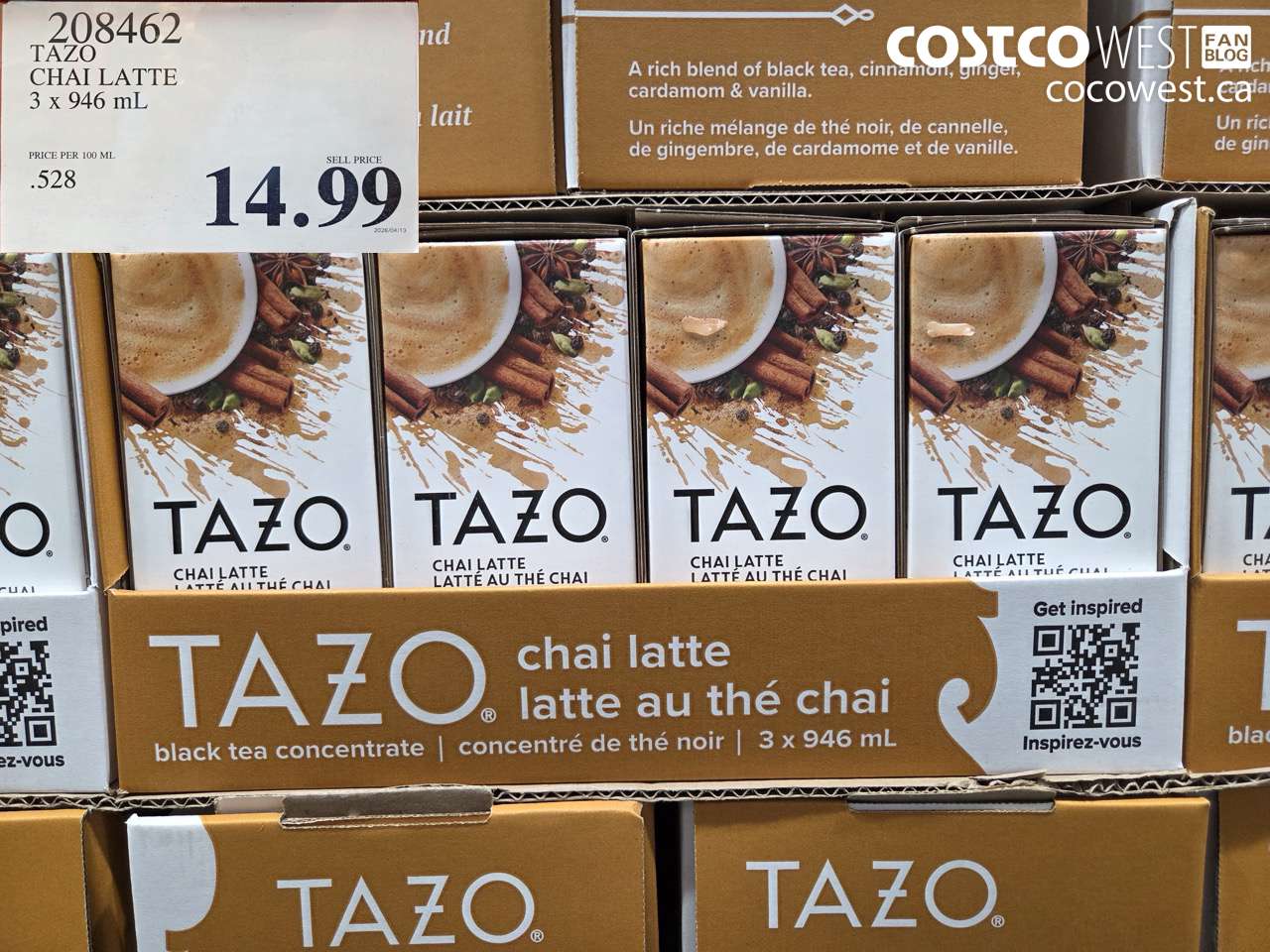 208462 TAZO CHAI LATTE 3 X 946 ML $14.99