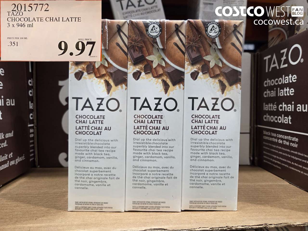2015772 TAZO CHOCOLATE CHAI LATTE 3 X 946 ML $9.97